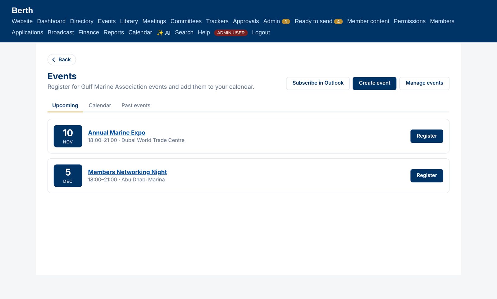 Events list with registration buttons
